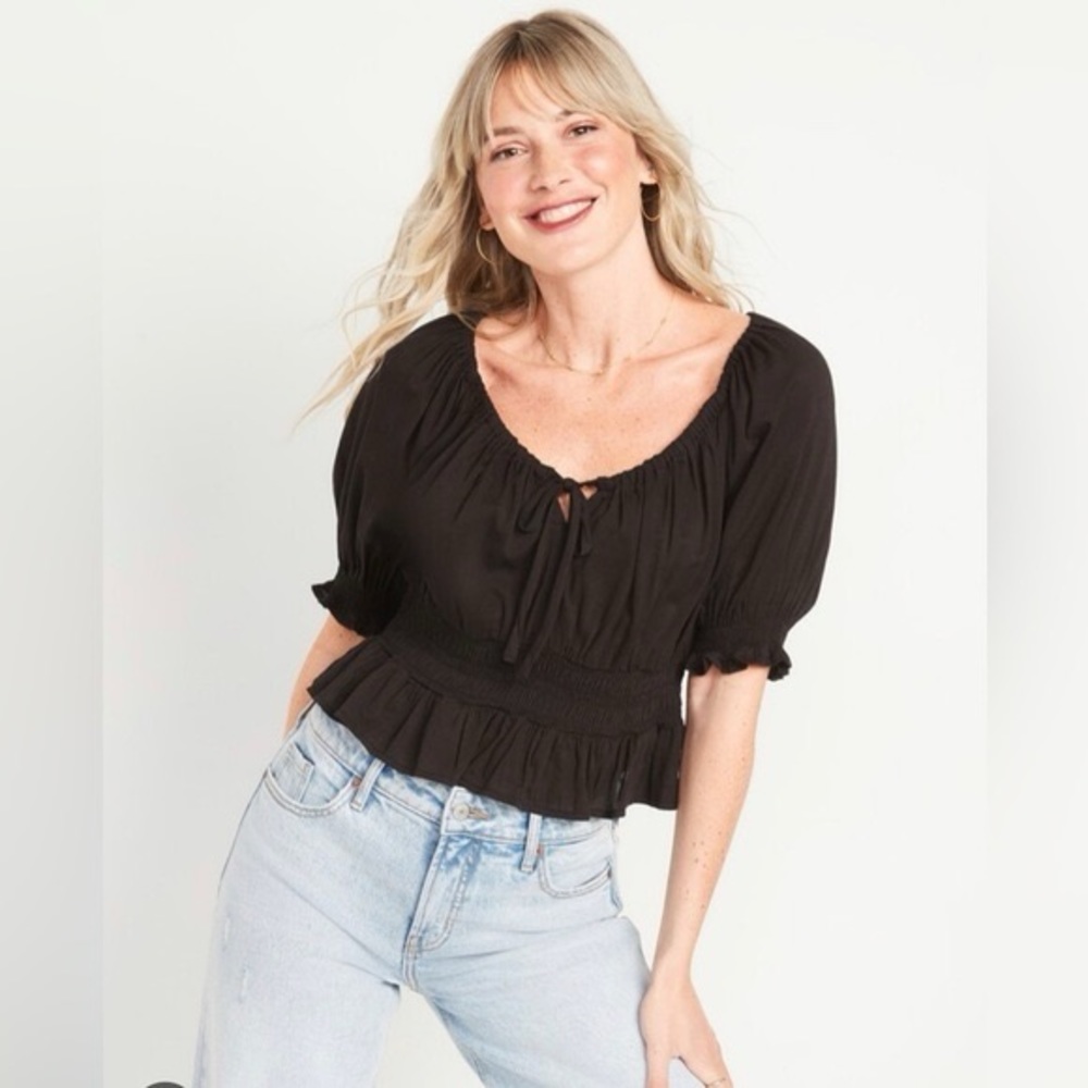 Puff-Sleeve Smocked Poet Blouse Old Navy Black Size S